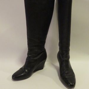 black leather wedge heel boots